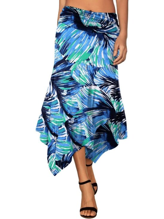 Dresses & Skirts - Women's Tropical Print Flowy Handkerchief Hemline Romantic Hanky Hem Midi Skirt
